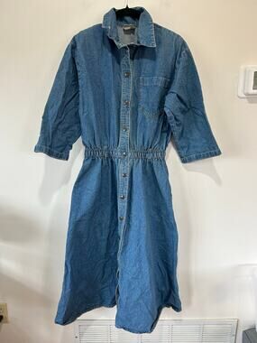 Vintage Dreams denim dress size L midi snap front collared 80s 90s
